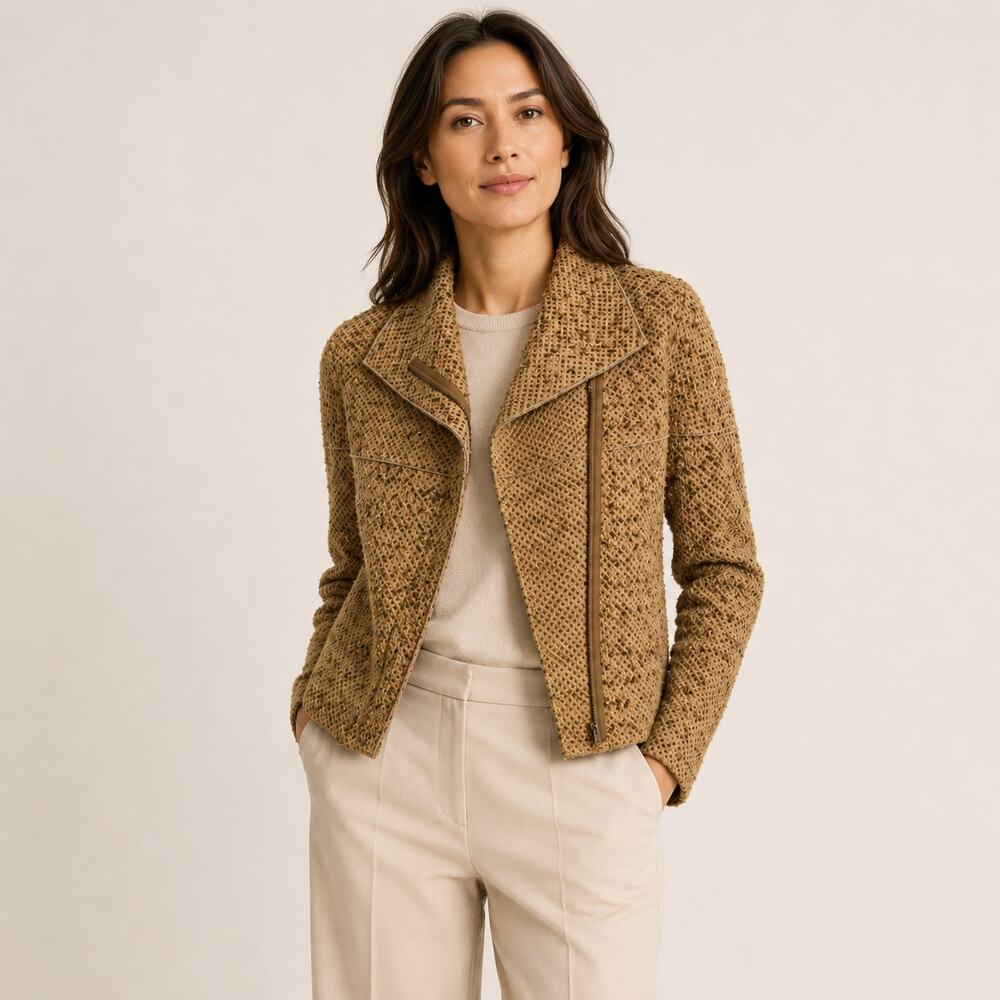 Akris Punto Moto Jacket US 2 Tan Boucle Textured Wool Blend Asymmetrical Zip